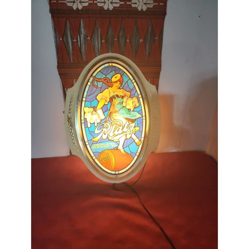 VTG 1960s Blatz Beer Sign Lighted Valerie The Barmaid Faux Stained Glass Working